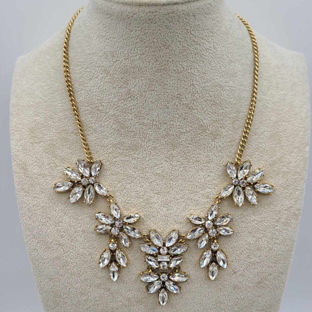J Crew Factory Clear Crystal Gold Tone Statement Necklace NWT! NEW!